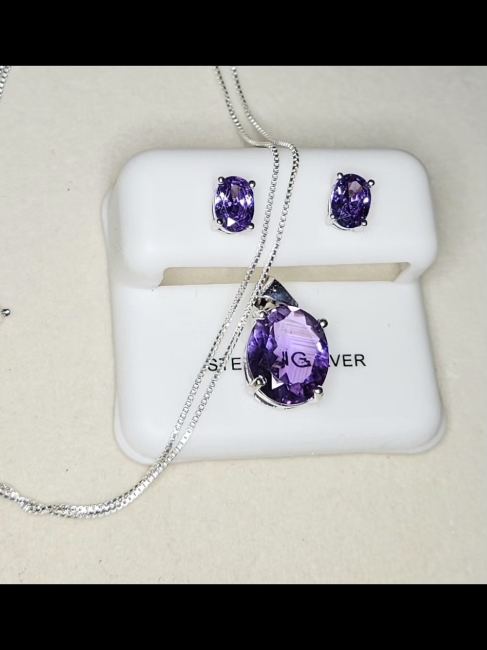 Purple Amethyst Teardrop Pendant & Stud Earrings Set With 925 Italian Box Chain - Picture 3 of 4